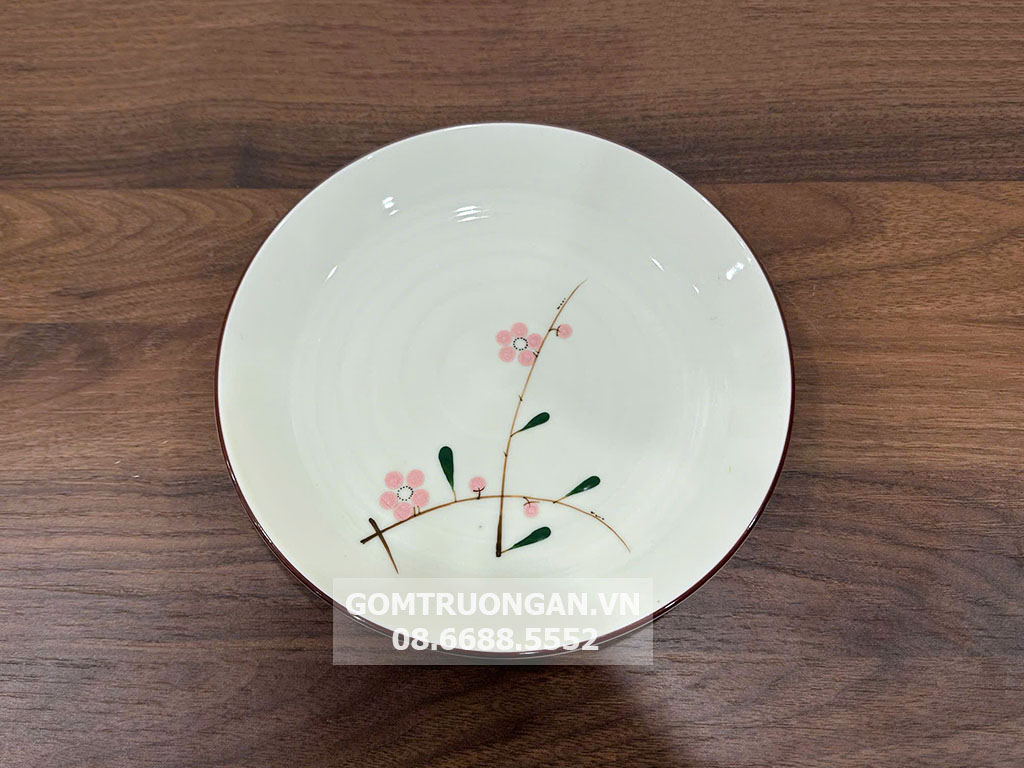 Đĩa tròn men kem 18cm hoa đào hồng sang trọng tiện dụng 