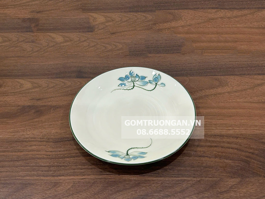 Đĩa tròn men kem hoa sen xanh sang trọng đẹp bền 16cm 
