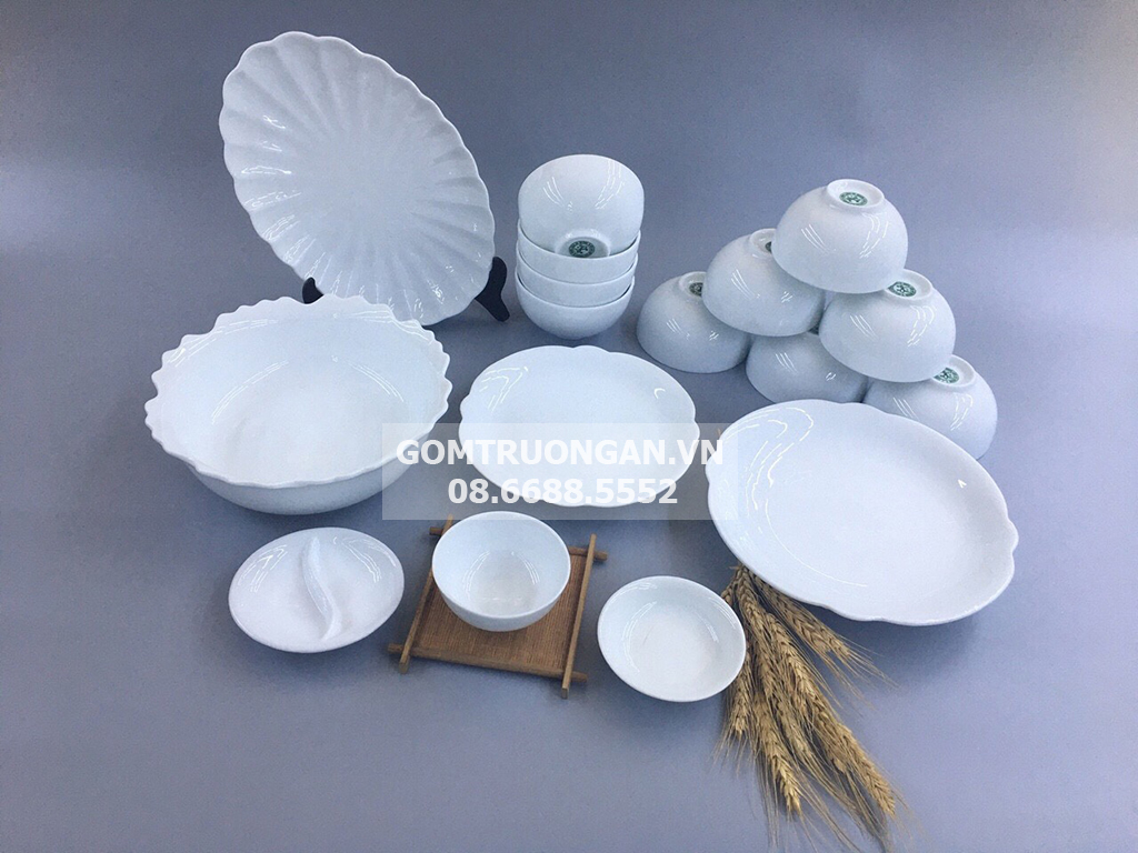 Bộ bát đĩa sứ Bát Tràng men trắng 17 món sang trọng 