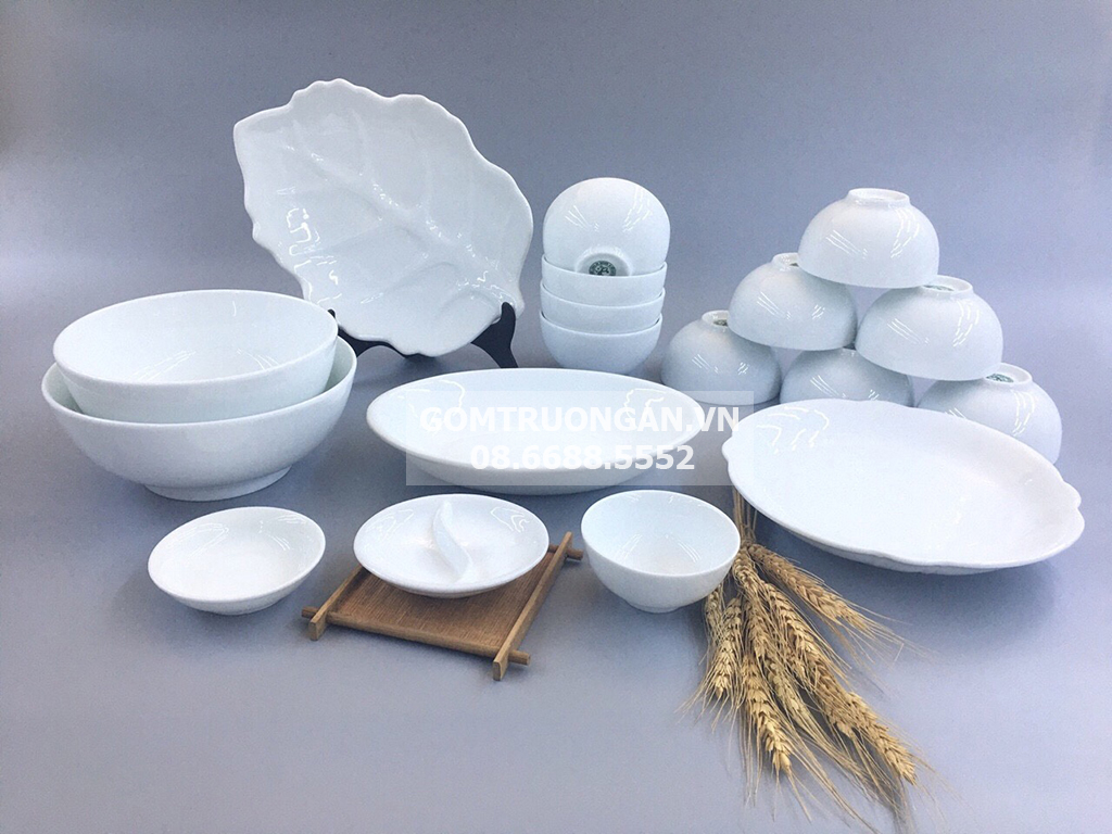 Bộ bát đĩa sứ Bát Tràng men trắng 18 món chất lượng cao 