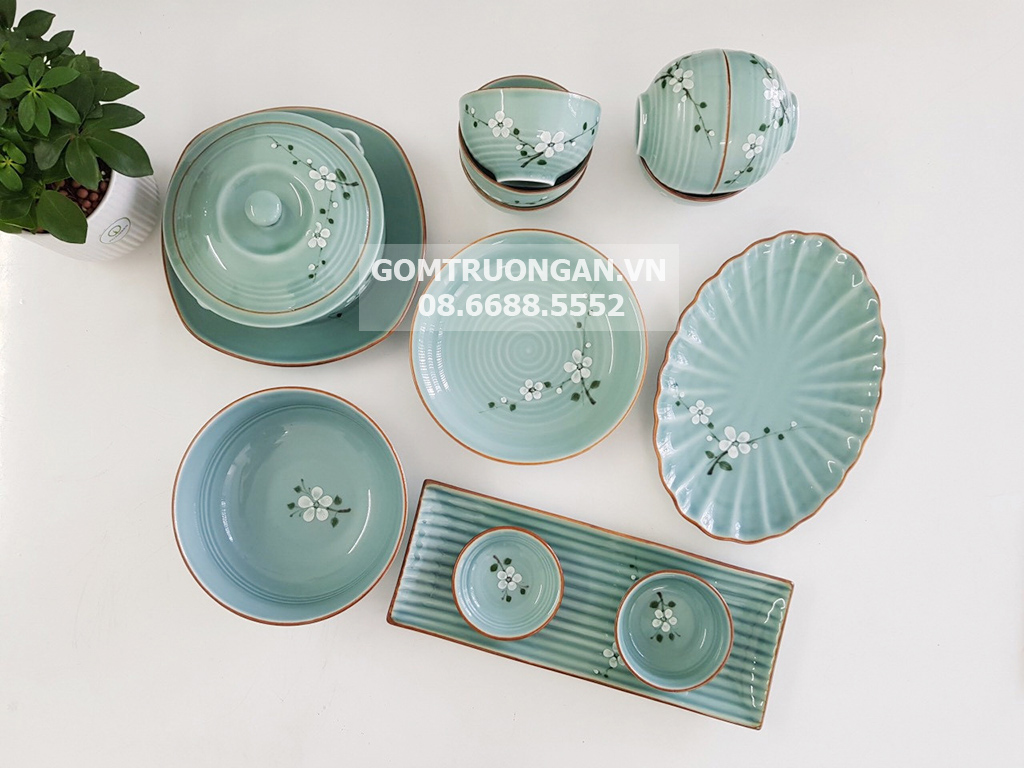 Bộ bát đĩa Bát Tràng 14 món men lam ngọc hoa Anh Đào cao cấp 