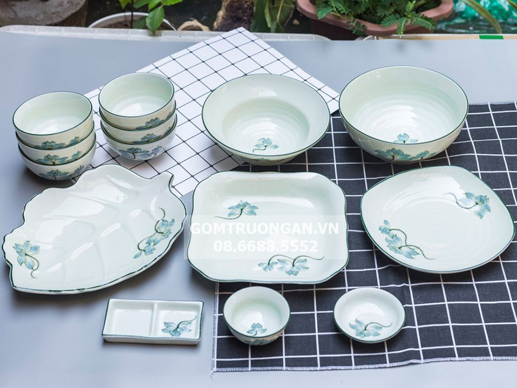 Bộ bát đĩa Bát Tràng men kem xanh 6 người ăn sang trọng, bền đẹp 