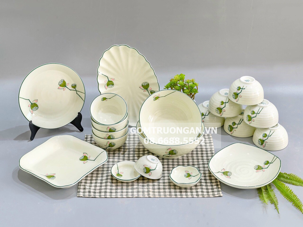 Bộ bát đĩa Bát Tràng nhụy sen xanh sang trọng 19 món chuẩn sứ 