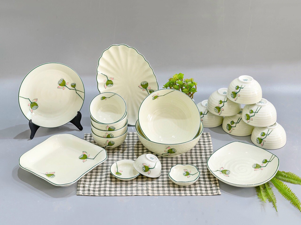 Bộ bát đĩa Bát Tràng nhụy sen xanh sang trọng 19 món chuẩn sứ