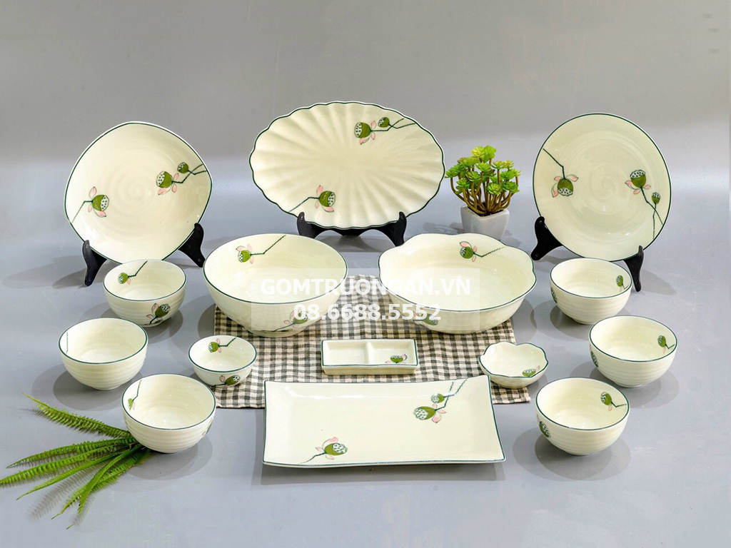 Bộ bát đĩa Bát Tràng nhụy sen 15 món sứ cao cấp sang trọng 