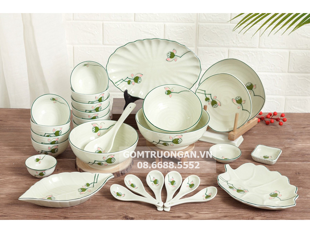 Bộ bát đĩa sứ Bát Tràng vẽ tay Nhụy Sen 28 món sang trọng tiện dụng 