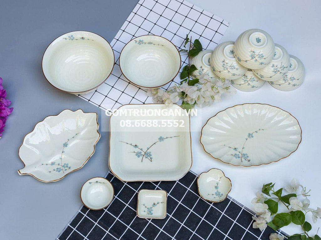 Set bát đĩa Bát Tràng hoa đào xanh men kem cao cấp 14 món đẹp 