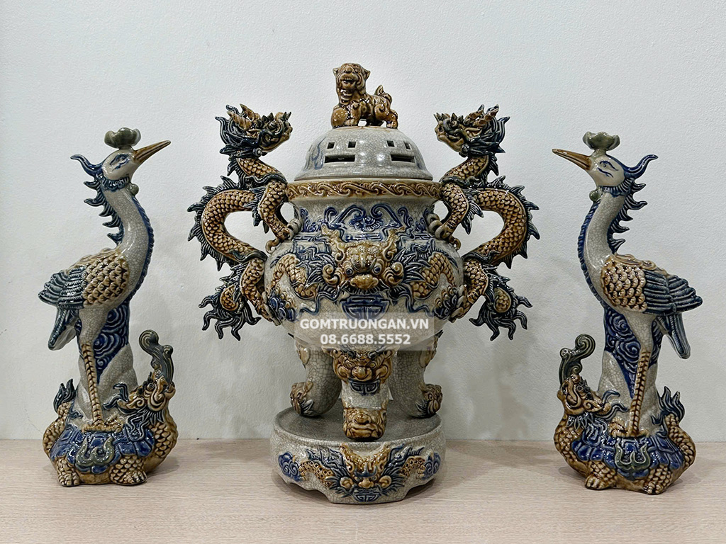 Bộ lư hương đỉnh hạc sứ Bát Tràng 52cm Phúc Quý sang trọng, bền đẹp 