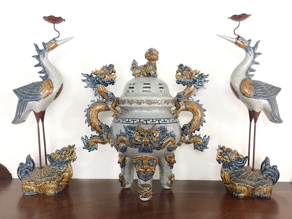 Bộ tam sự lư hương đỉnh hạc chân đồng Bát Tràng cao 48cm - Bán chạy 