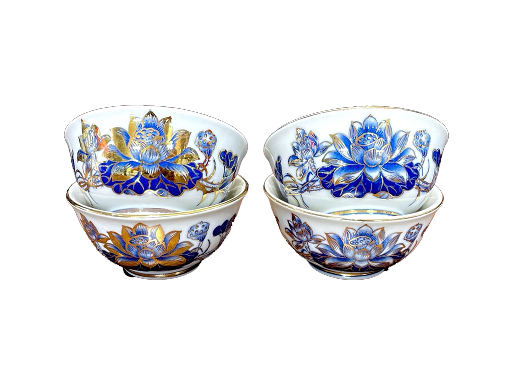 Bát thờ Vạn Phúc vẽ vàng hoa sen bát cúng sứ men lam 