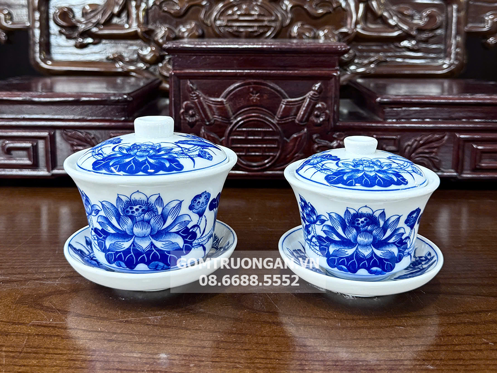 Bát trà sâm Vạn Phúc Trường An hoa sen cao cấp sứ xinh đẹp 