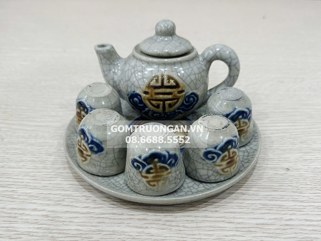 Bộ ấm chén thờ men rạn nổi Phúc Quý Bát Tràng cao cấp 