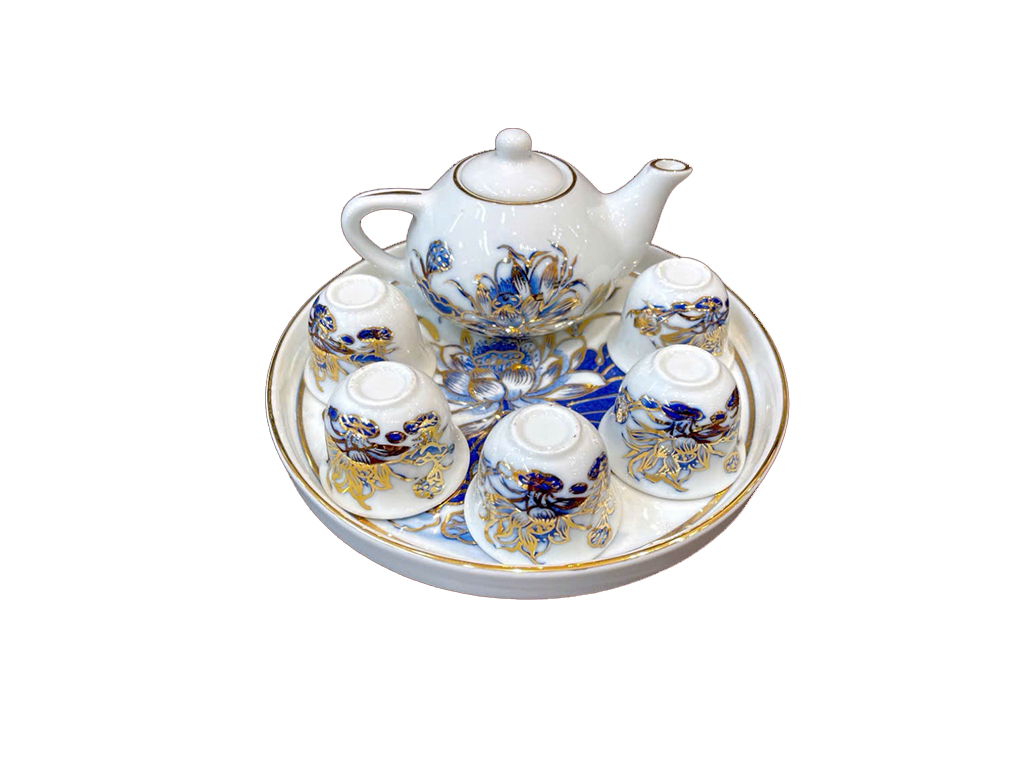 Bộ ấm chén thờ cúng vẽ vàng Bát Tràng Vạn Phúc, sang trọng, bền đẹp 