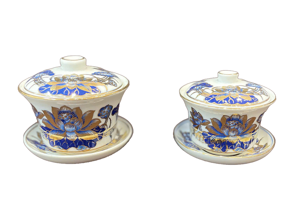 Bát trà sâm hoa sen vẽ vàng Bát Tràng cao cấp nhỏ gọn sang trọng 