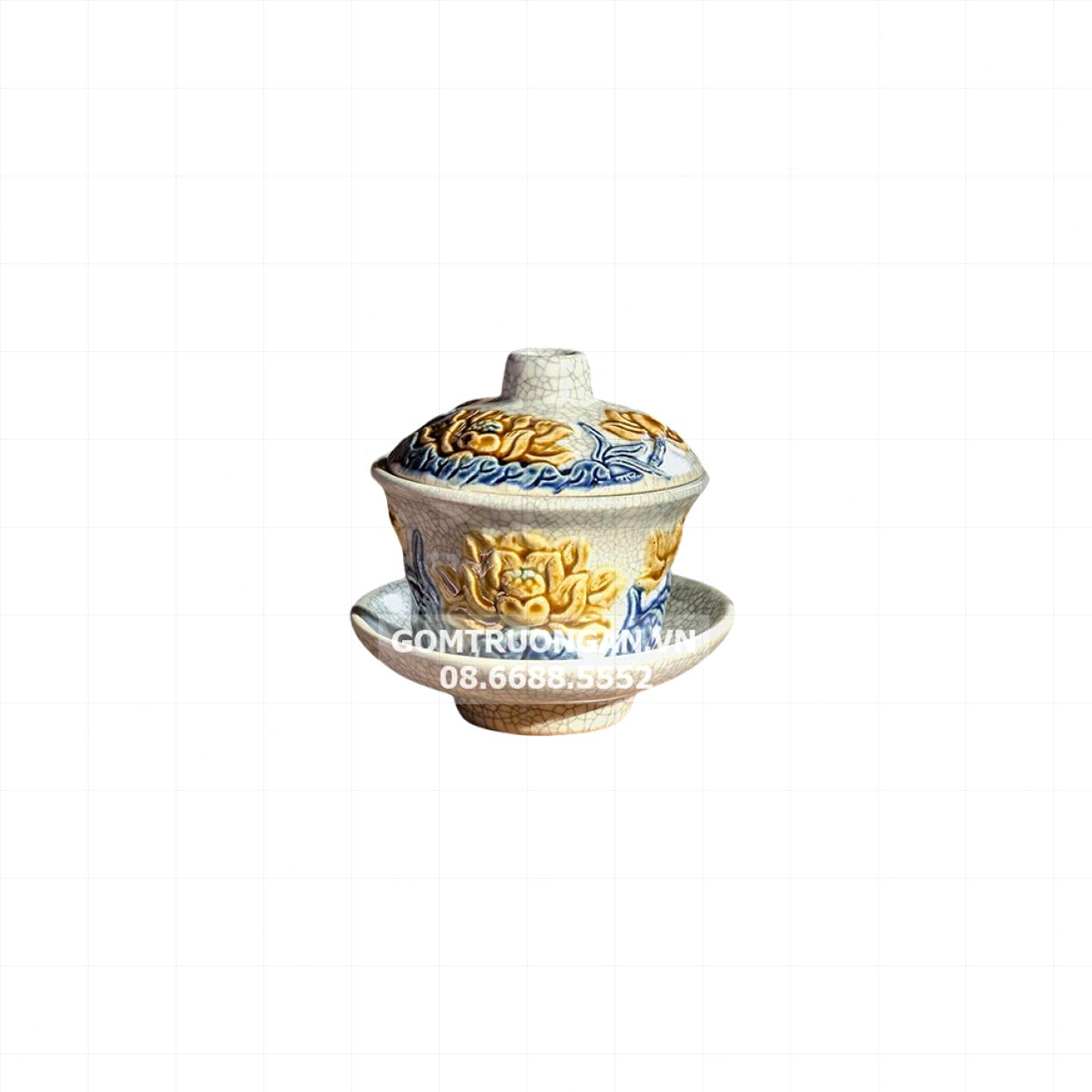 Bát trà sâm Vạn Phúc hoa sen đắp nổi cao cấp bé đẹp sang trọng 