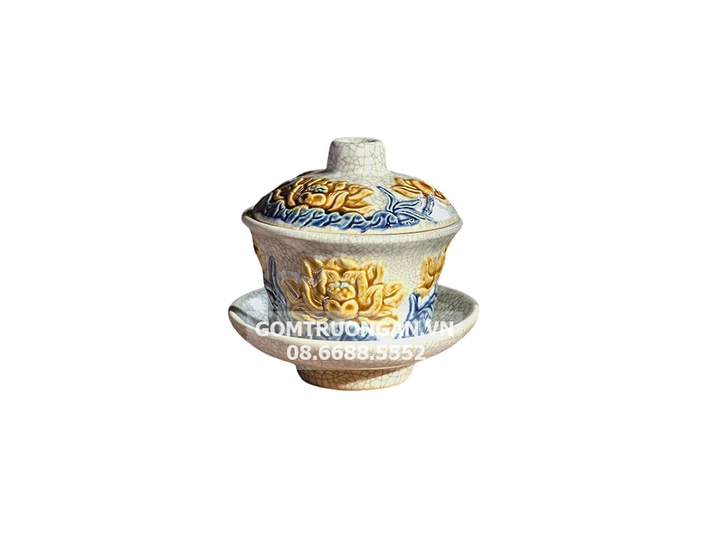 Bát trà sâm men rạn cao cấp Vạn Phúc đắp nổi hoa sen lớn chuẩn 