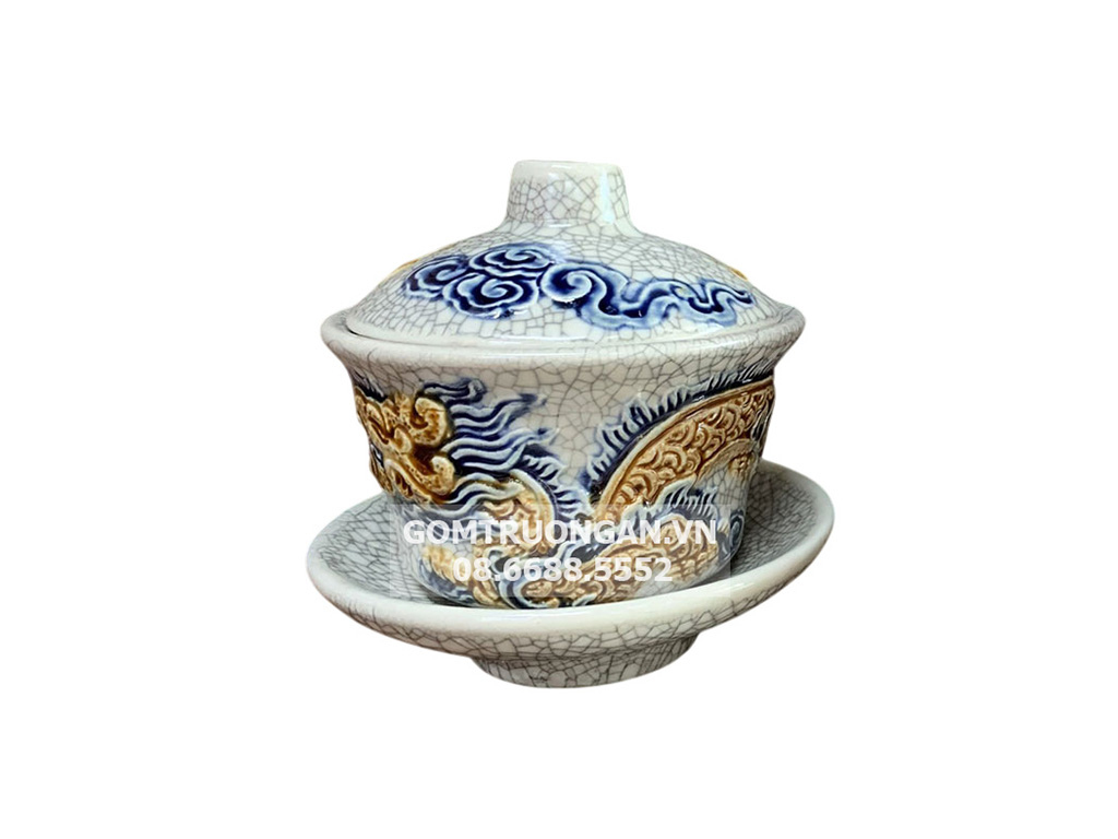 Bát trà sâm Vạn Phúc cao cấp đắp nổi rồng sang trọng 