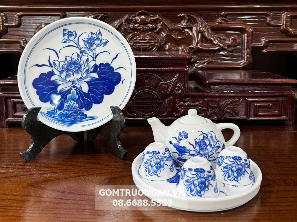 Bộ ấm chén thờ cúng Bát Tràng Vạn Phúc 3 chén Sứ men lam đẹp 