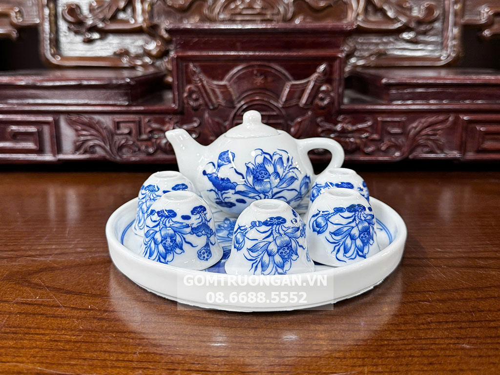 Bộ ấm chén thờ cúng Vạn Phúc Trường An 5 chén sứ men lam cao cấp 