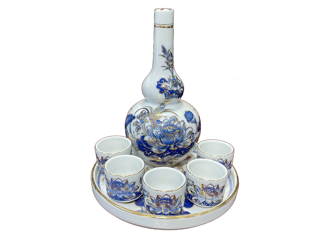 Bộ nậm rượu thờ men lam vẽ vàng hoa sen 5 chén cao cấp 