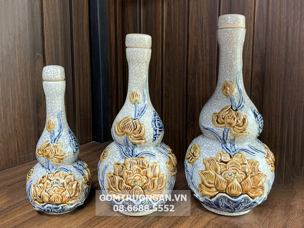 Nậm 2 bầu men rạn Hoa sen Bát Tràng cao cấp bảo hành trọn đời 