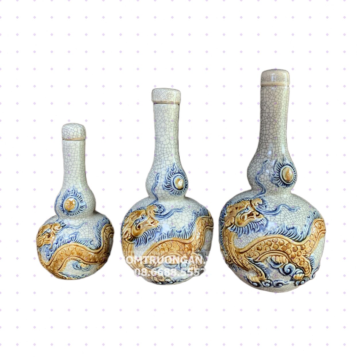 Nậm 2 bầu Rồng nổi men rạn sứ Bát Tràng Cao Cấp Trường Xuân 