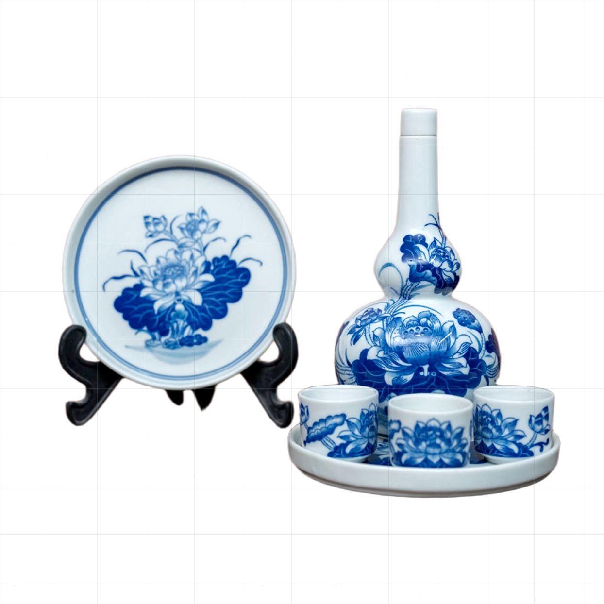 Bộ nậm rượu men lam Bát Tràng vẽ sen tinh xảo 3 chén thờ đẹp 