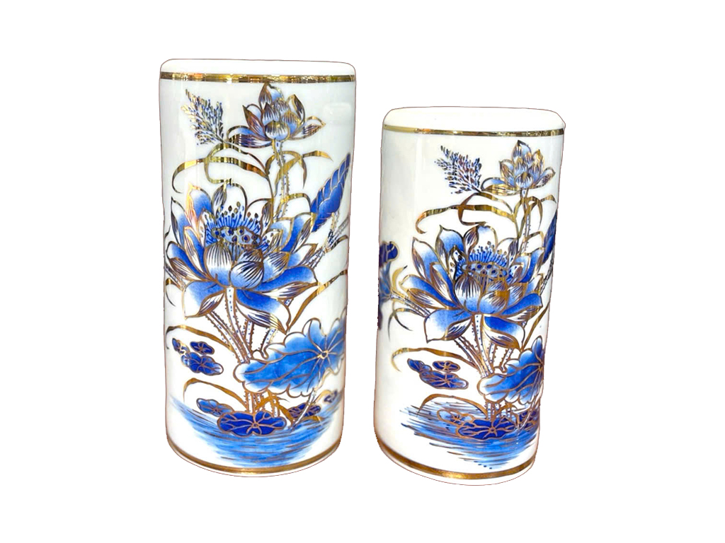 Ống hương men lam Vạn Phúc vàng kim sang trọng 20cm Bát Tràng 