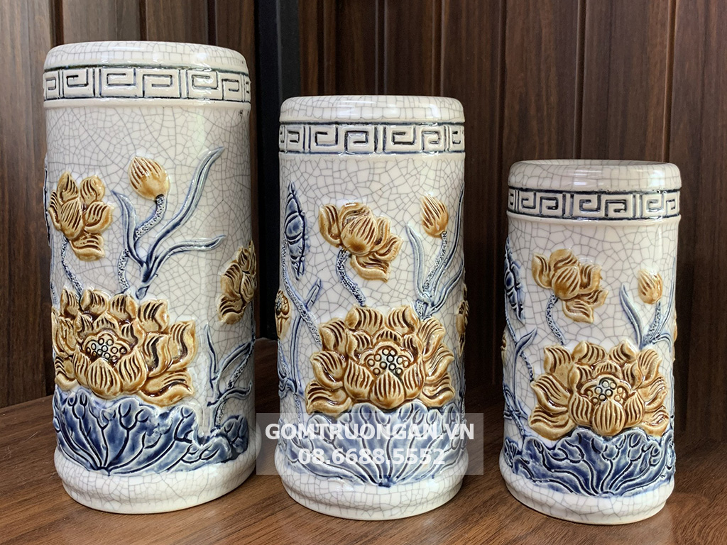 Ống hương men rạn nổi Hoa sen Bát Tràng cao cấp bền đẹp 