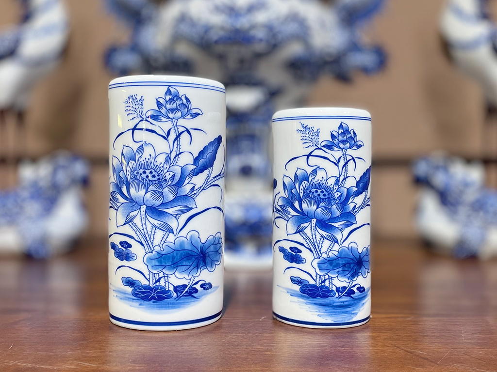 Ống hương men lam Vạn Phúc Trường An cao 20cm trang trí thờ 