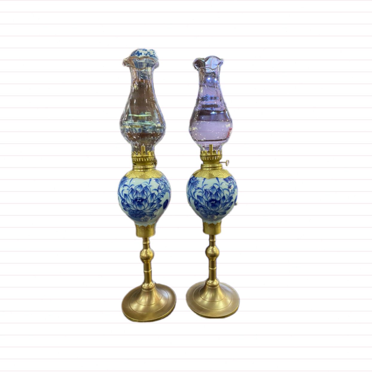 Đèn dầu men lam hoa sen Bát Tràng dáng quả lê to trang trí thờ 