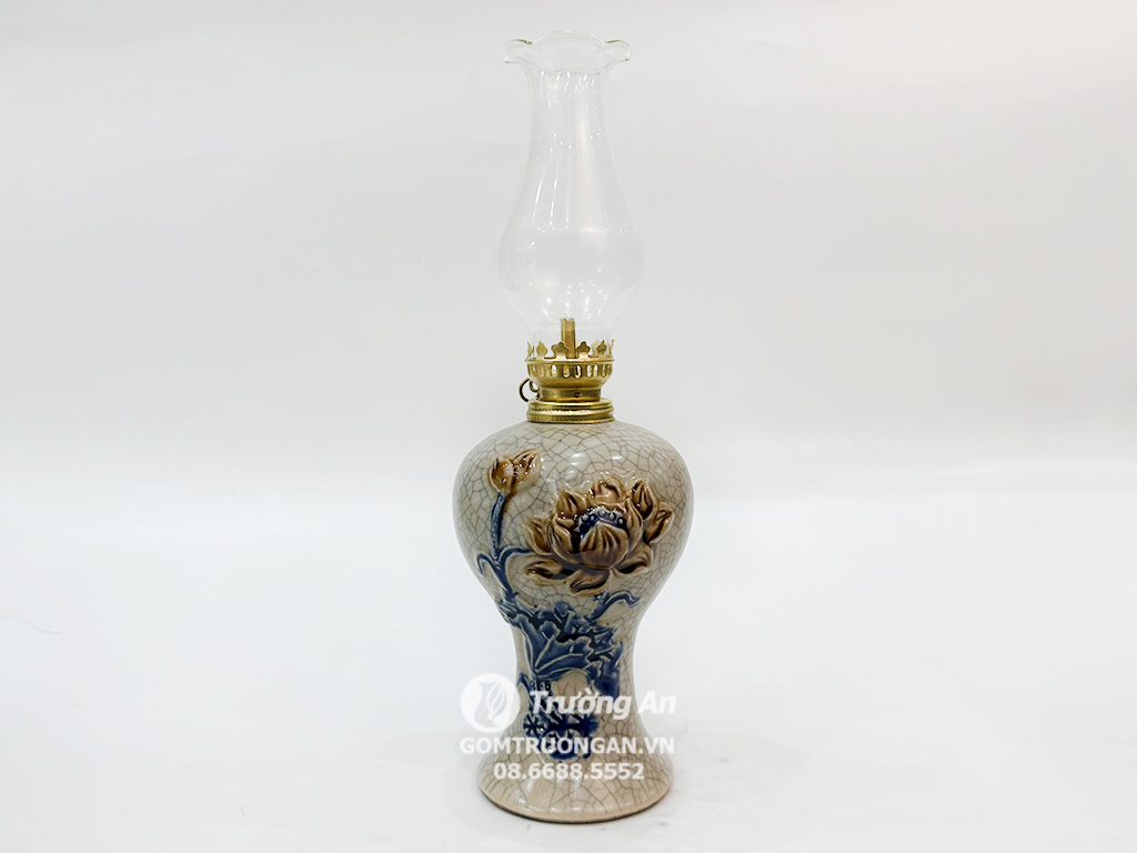 Đèn dầu thờ men rạn nổi Phúc Quý S1 Bát Tràng hoa sen cao cấp 