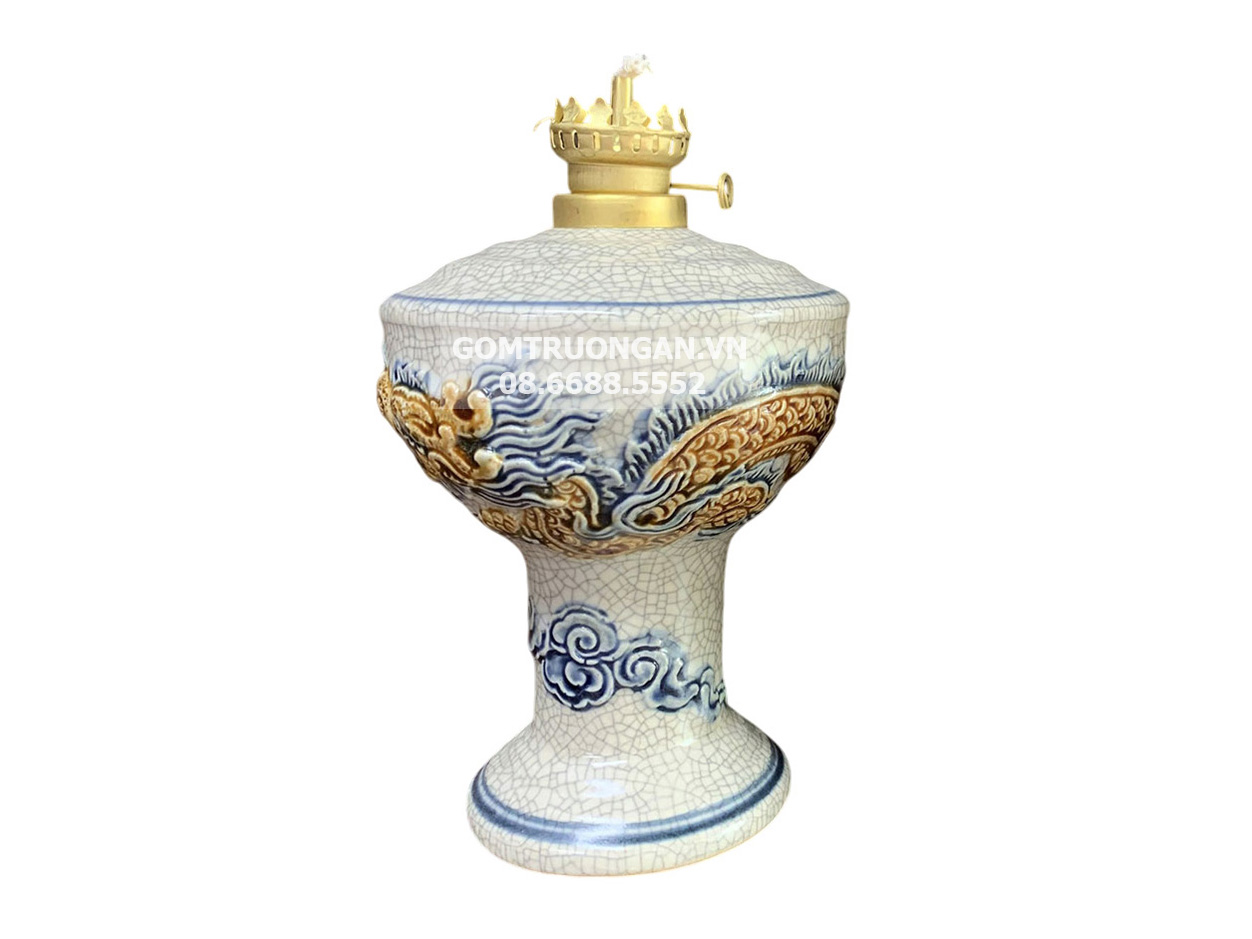 Đèn dầu thờ men rạn rồng Trường Xuân S1 chất lượng Bát Tràng 