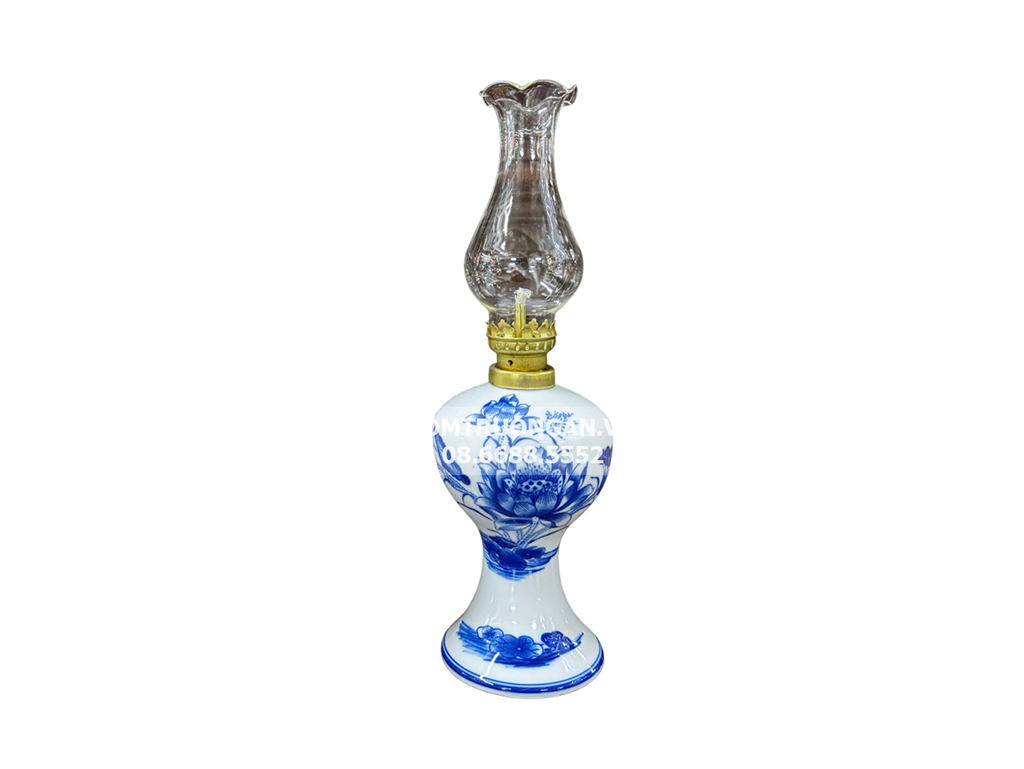 Đèn dầu thờ men lam Bát Tràng Aladin sen tinh xảo 