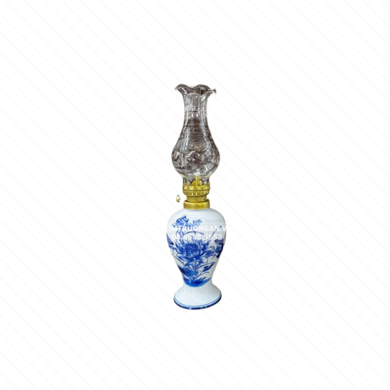 Đèn dầu thờ men lam Bát Tràng hoa sen đẹp tinh xảo-Trường An 