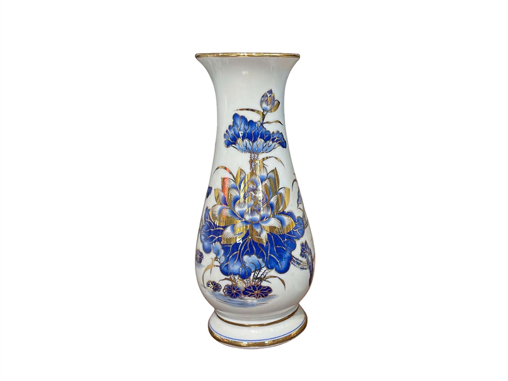 Lọ hoa thờ men lam vẽ vàng Bát Tràng Vạn Phúc 23cm sang trọng 