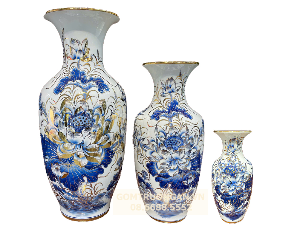 Lộc bình men lam vàng kim hoa sen 50cm độc đáo sang trọng 