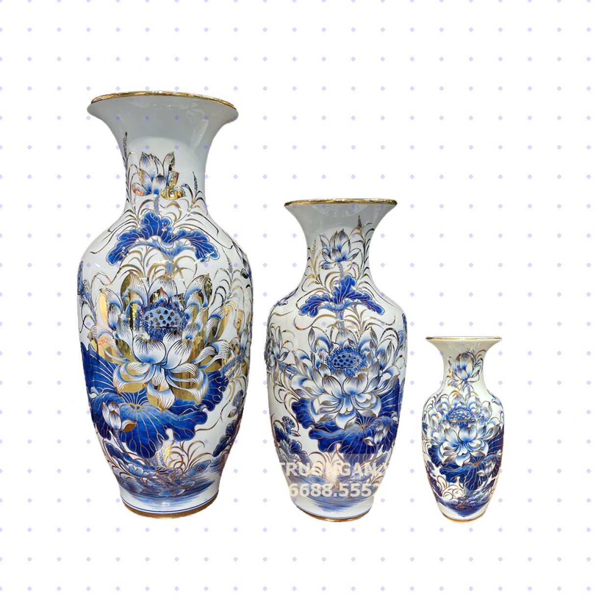 Lộc bình men lam vẽ vàng hoa sen Bát Tràng 40cm sang trọng 