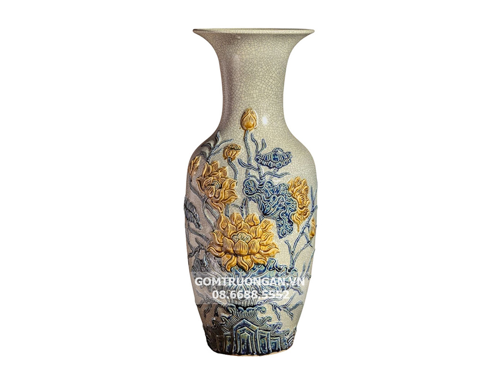 Lộc bình men rạn nổi cao cấp 42cm hoa sen Trường Xuân đẹp 