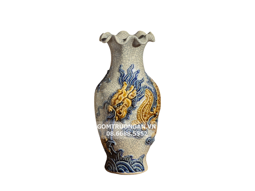 Lọ hoa thờ men rạn nổi Rồng Trường Xuân 26cm sang trọng, chuẩn Bát Tràng 