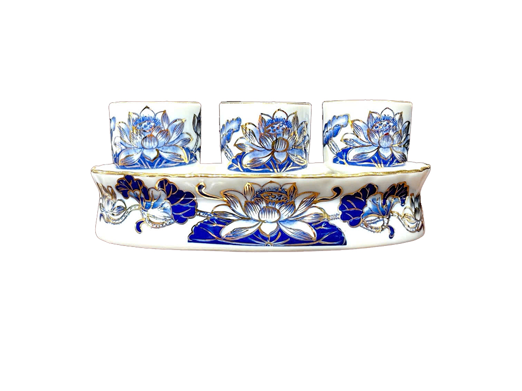 Kỷ chén rượu men lam vàng Vạn Phúc 3 men cao cấp Bát Tràng 