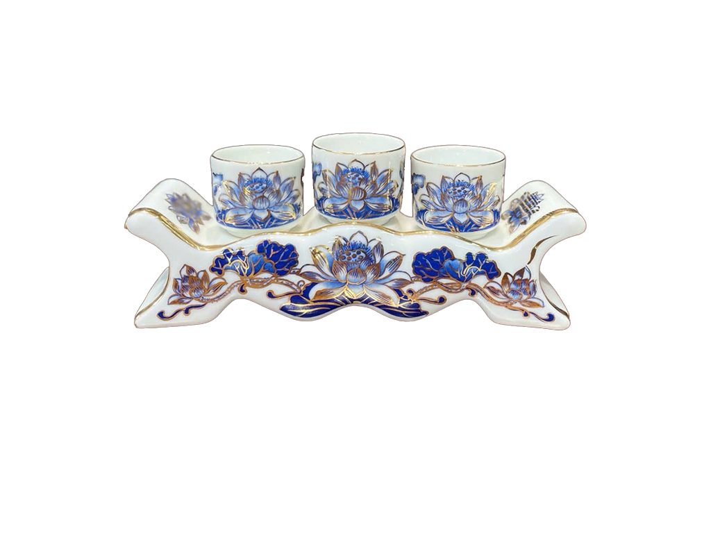 Kỷ chén rượu 3 ngai men lam vàng Bát Tràng sang trọng cao cấp 