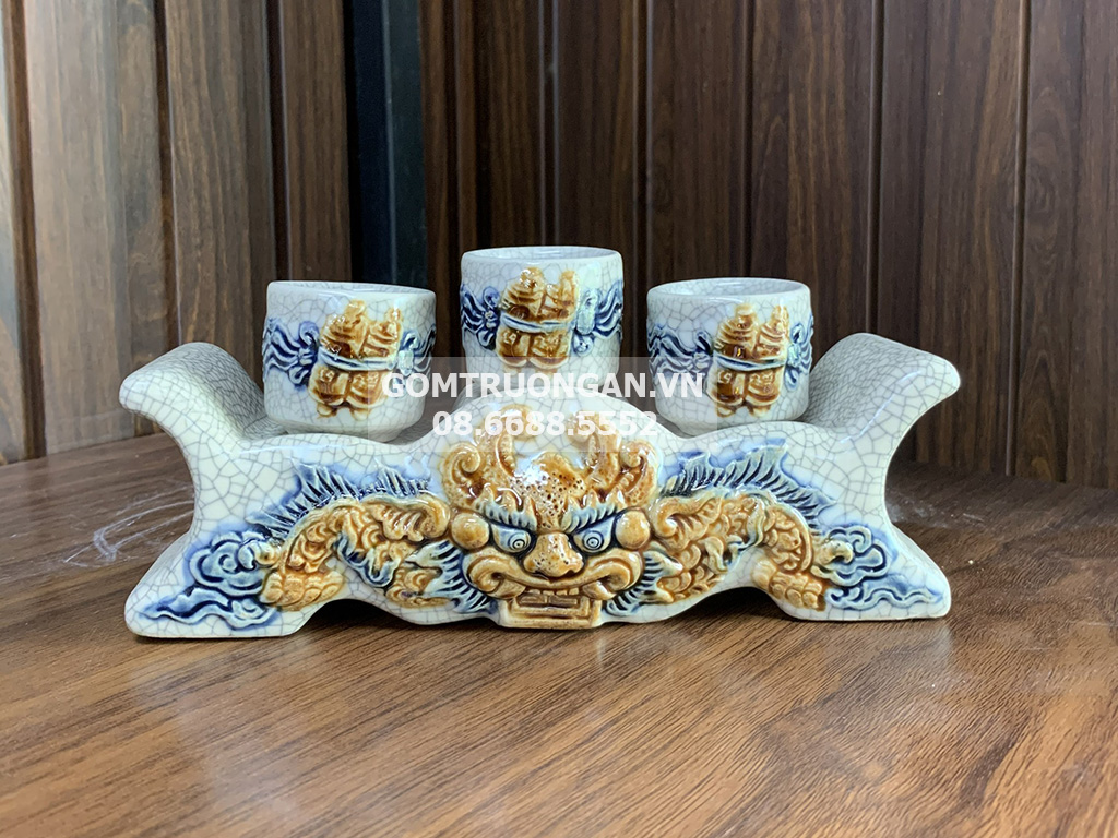 Kỷ chén 3 ngai men rạn rồng Trường Xuân cao cấp Bát Tràng 