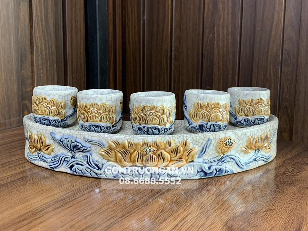 Kỷ chén cong 5 men rạn nổi Hoa sen sang trọng Bát Tràng cao cấp 