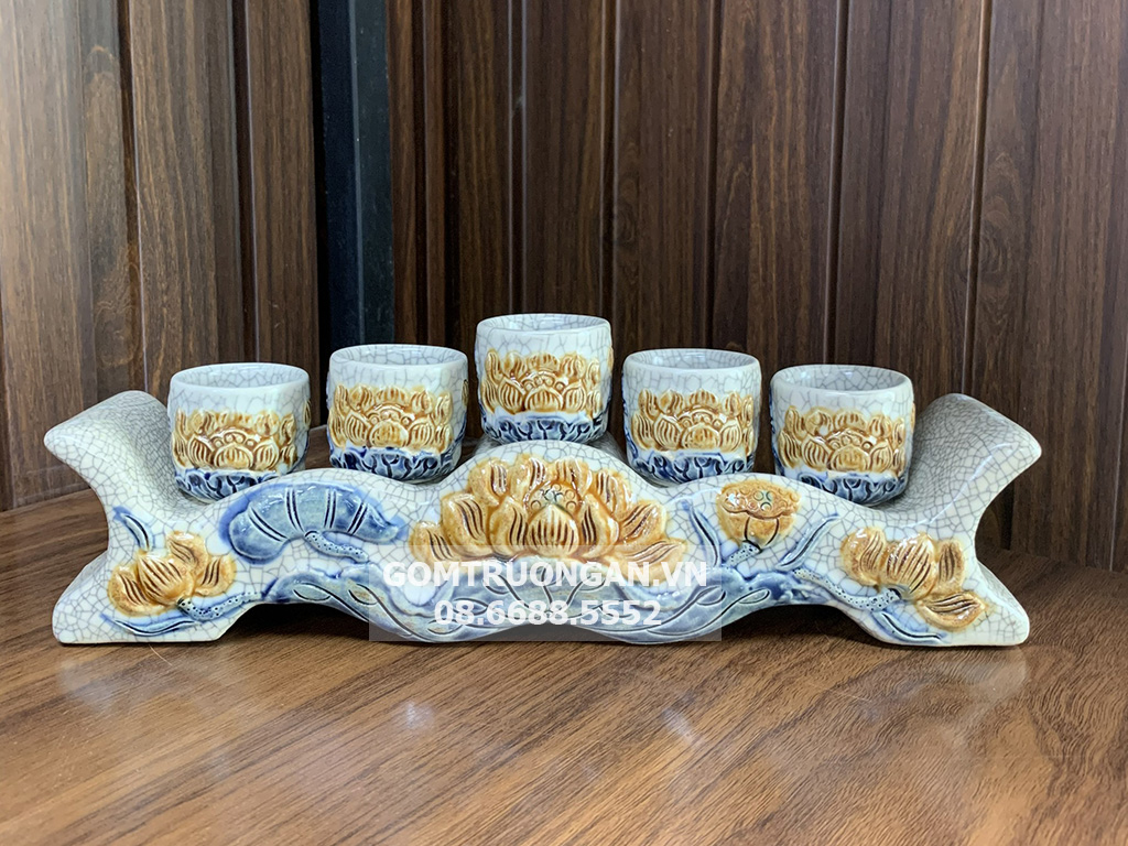 Kỷ chén men rạn nổi 5 ngai hoa sen cao cấp Bát Tràng 