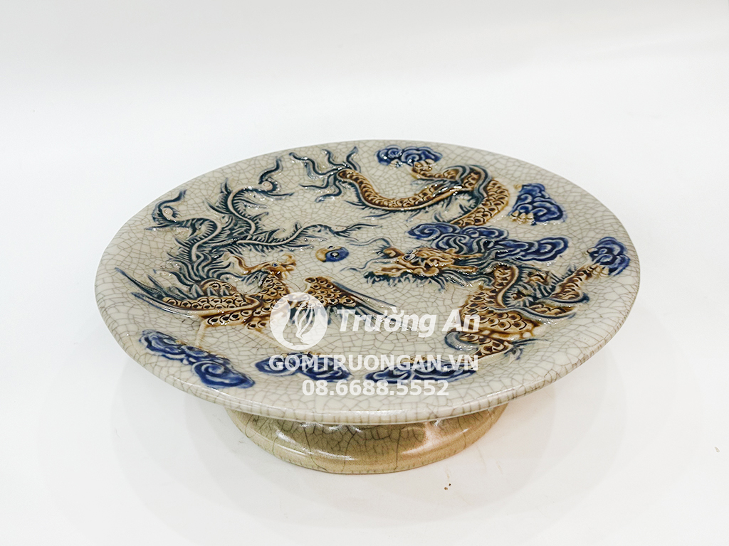 Mâm bồng men rạn 29cm Rồng Phượng tinh xảo Bát Tràng đẹp 