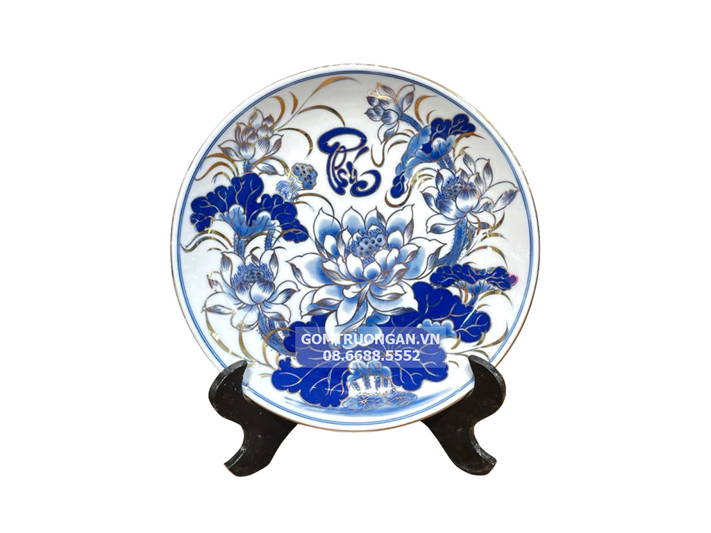 Mâm bồng men lam vẽ vàng 35cm Vạn Phúc Trường An cao cấp 