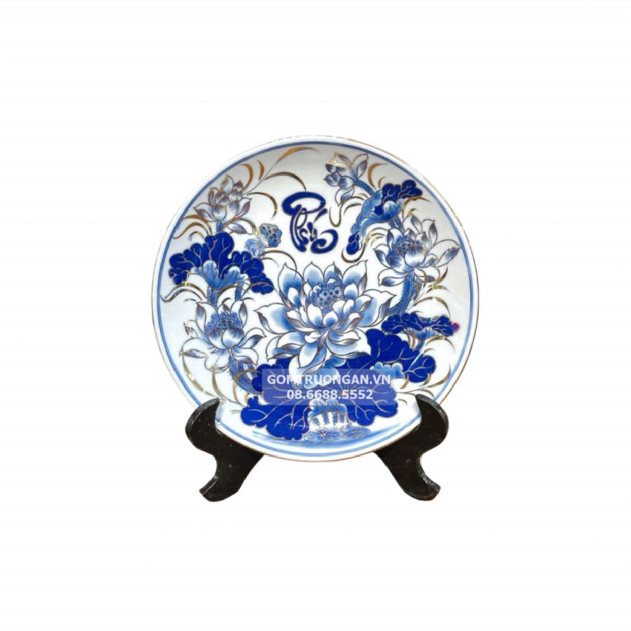 Mâm bồng men lam vàng Vạn Phúc 30cm Bát Tràng cao cấp 