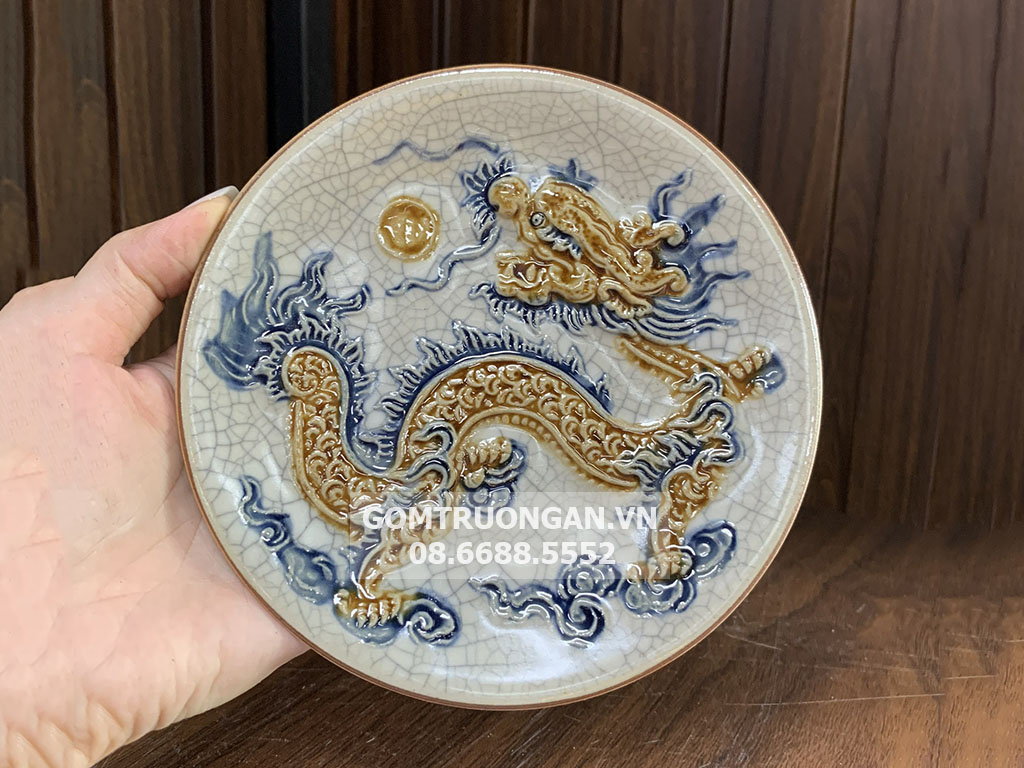 Đĩa trầu cau men rạn nổi rồng Trường Xuân chất lượng cao 