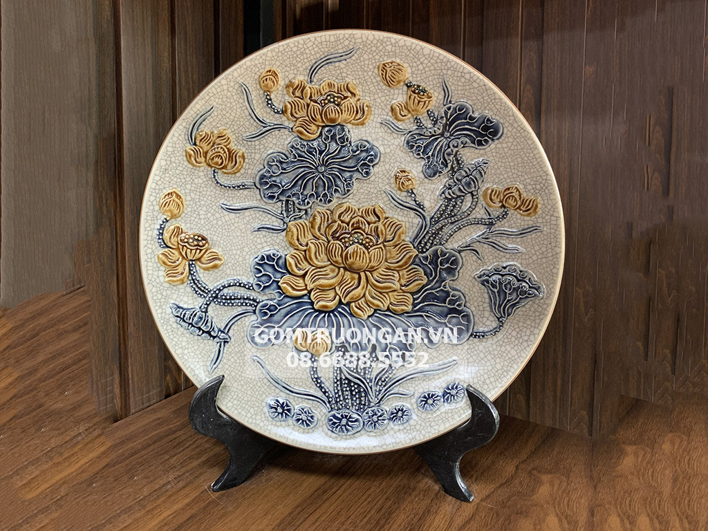 Mâm bồng men rạn nổi Hoa sen 32cm Trường Xuân đẹp, sang trọng 